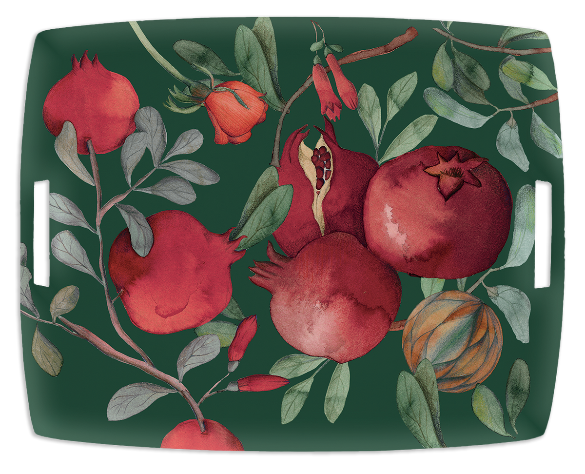 Grenade Green acrylic tray with printed linen and pomegranate design, view 4