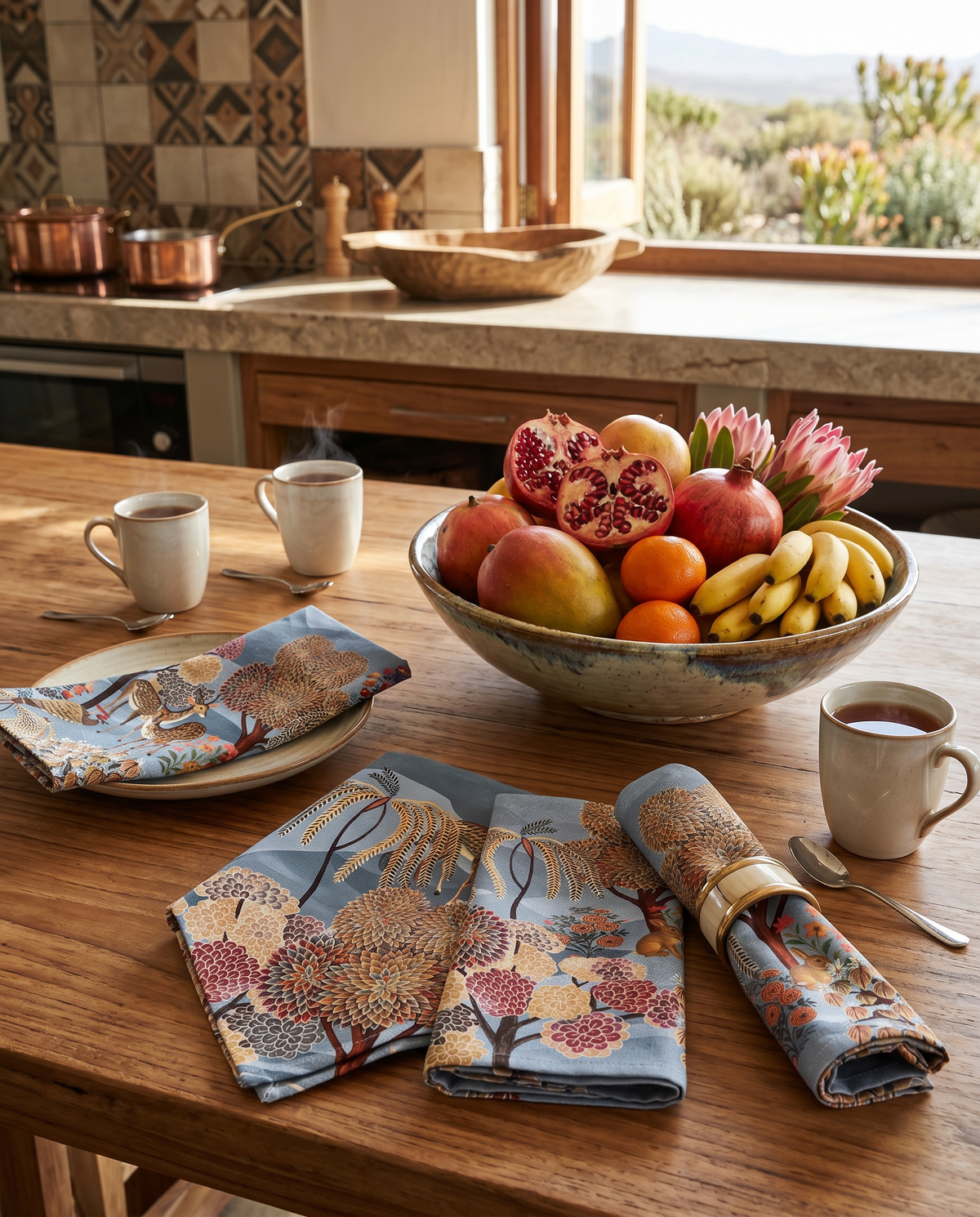 Motswiri set of four Premium Linen napkins with organic print