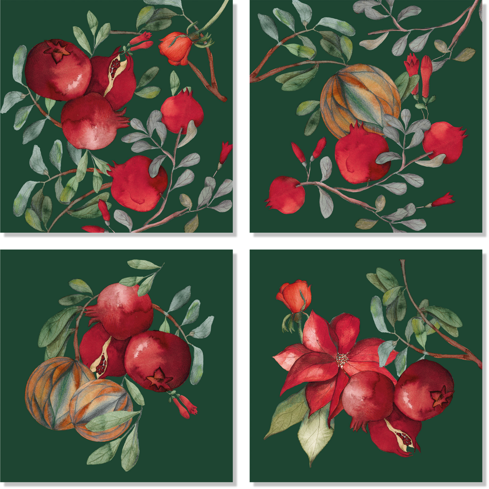 Set of 4 Napkins Satin «Grenade» Green Variant - 100% Made in Italy - The Napking