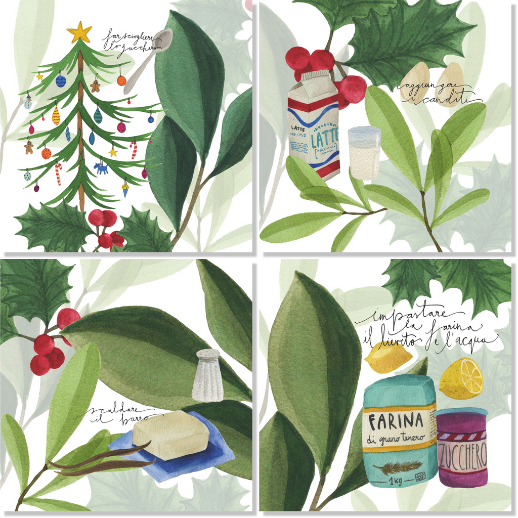 Menù di Natale set of four Cotton Satin napkins with illustrated Christmas menu print