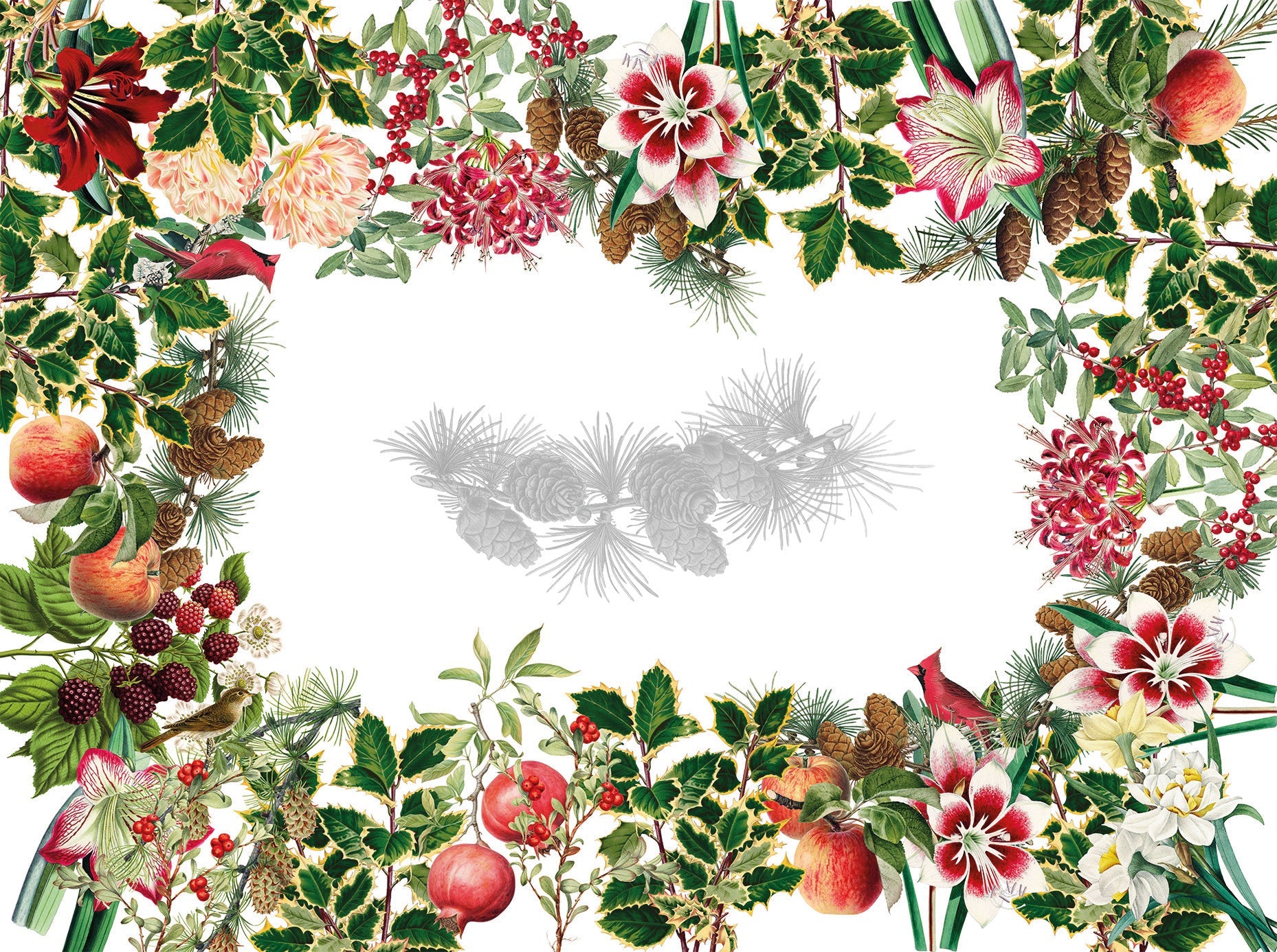 Natalia Pure Linen tablecloth with festive botanical print, 220 × 220 cm