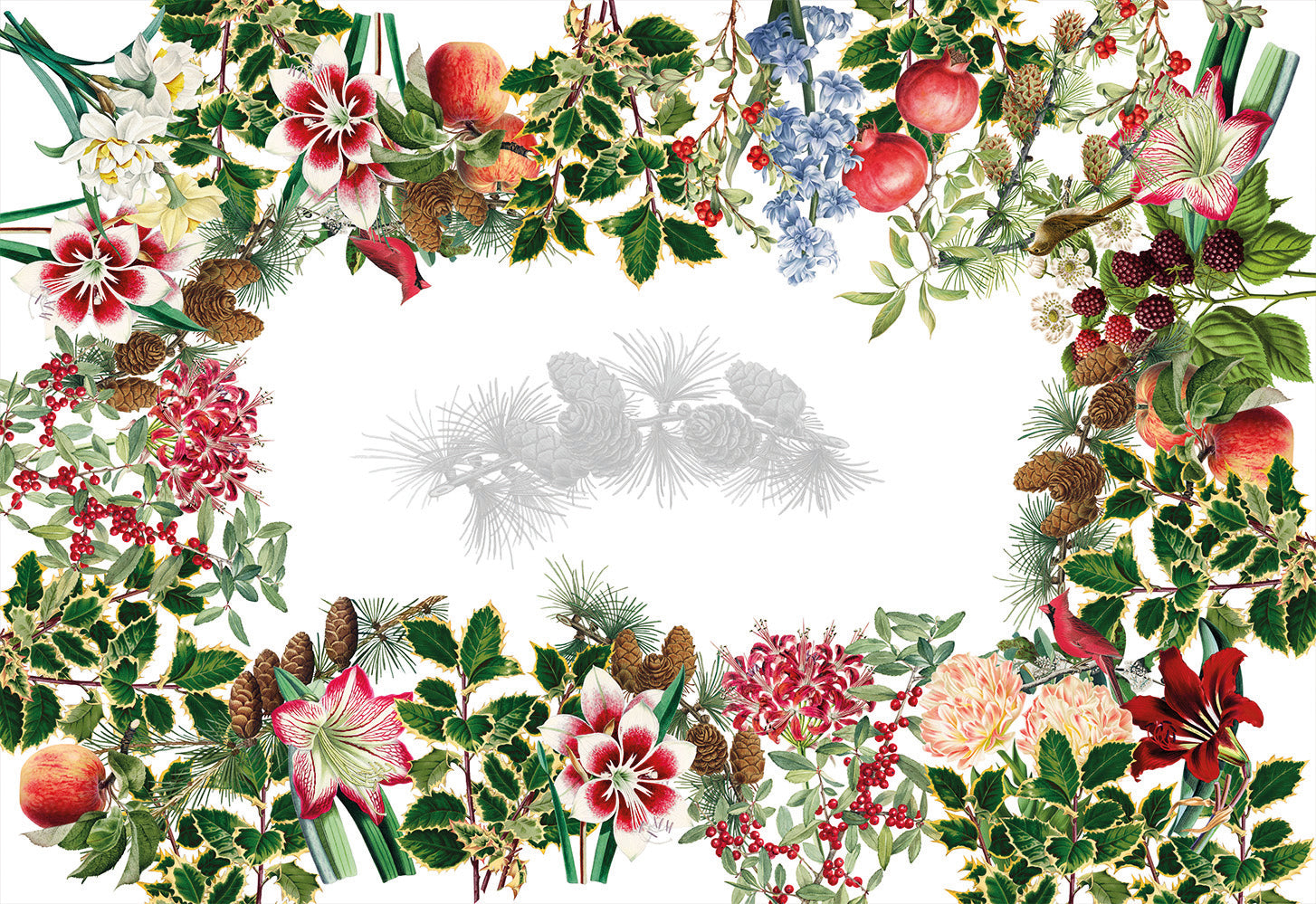 Natalia Pure Linen tablecloth with festive botanical print, 110 × 110 cm
