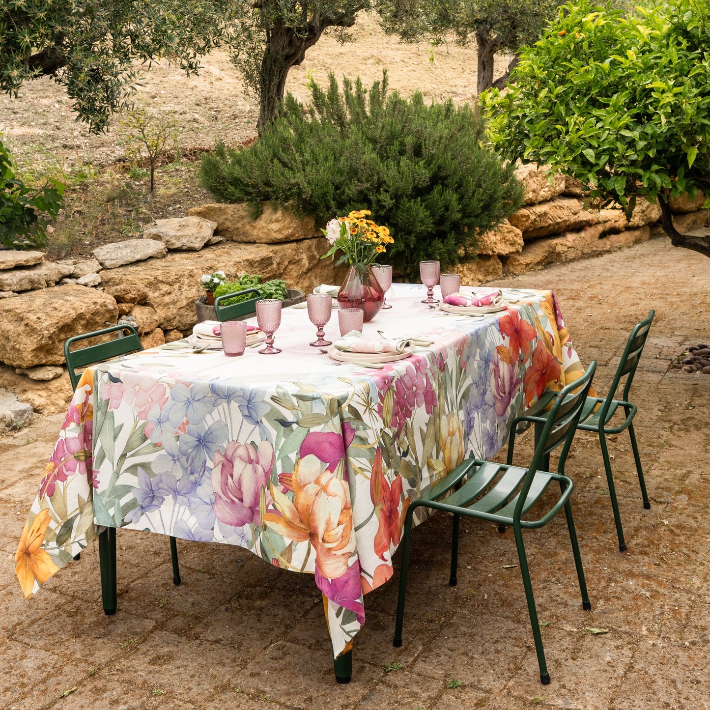 Premium Linen Tablecloth «Oleandro» 100% Made in Italy