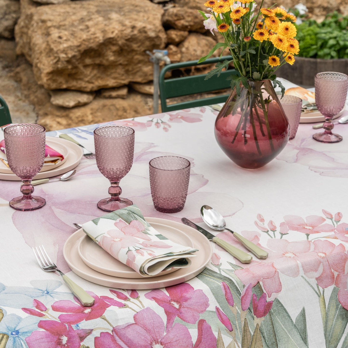 Premium Linen Tablecloth «Oleandro» 100% Made in Italy