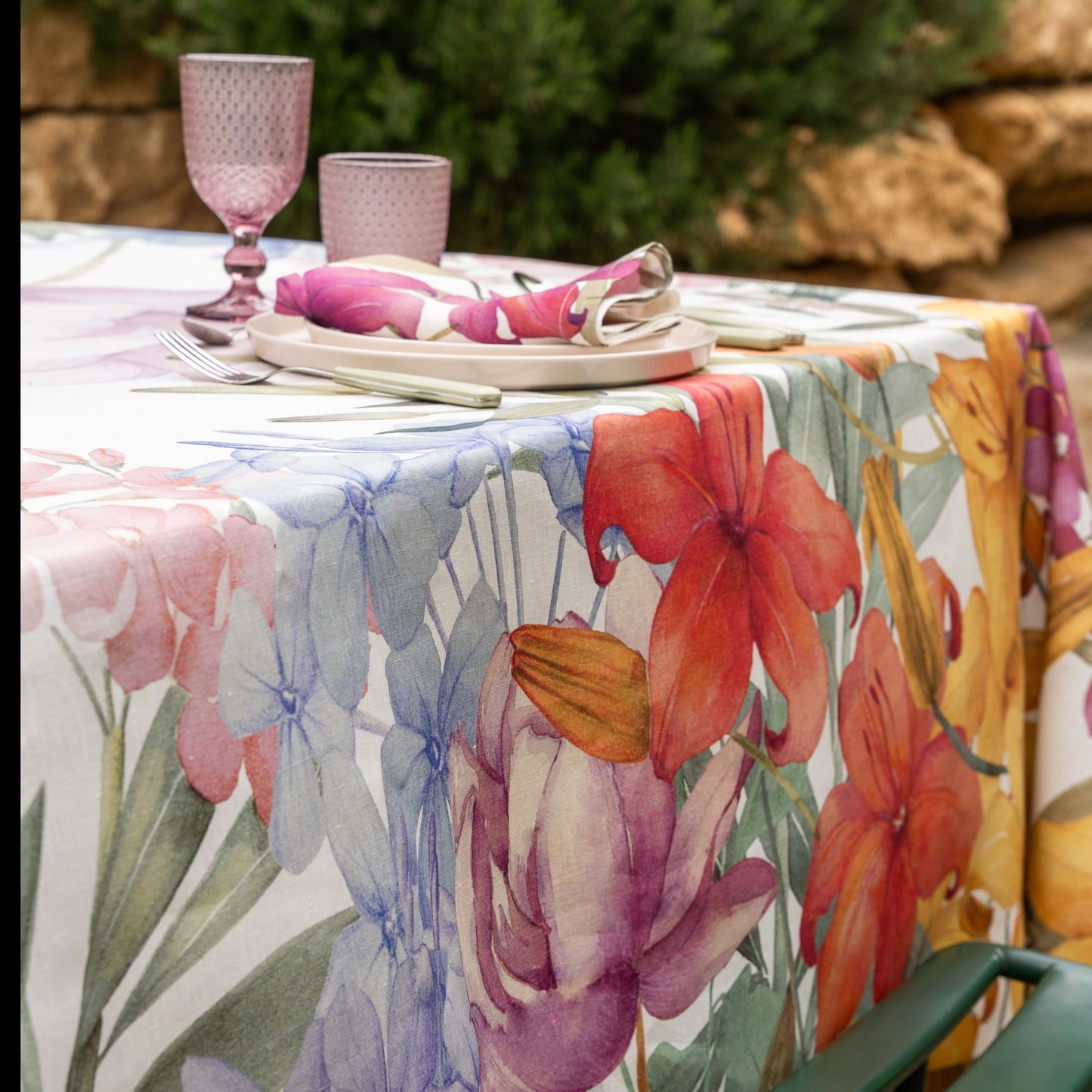 Premium Linen Tablecloth «Oleandro» 100% Made in Italy