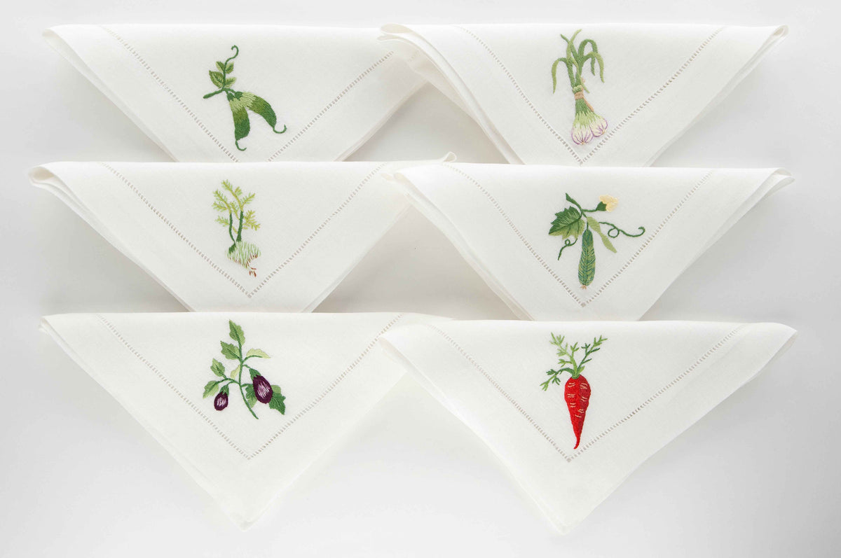 Ortaggi Set de 6 brodé à la main Serviettes