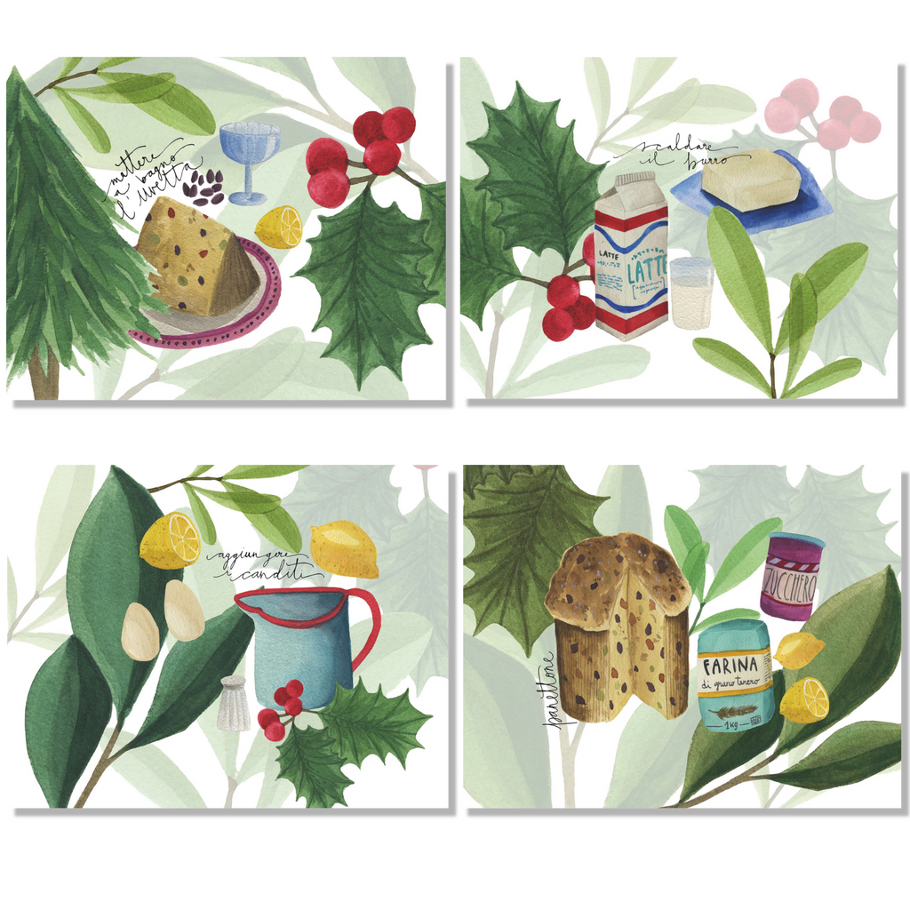 Menù di Natale set of four Cotton Satin placemats with illustrated Christmas menu print