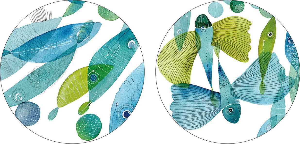 Set of 2 coasters Pesci volanti wood and cork - 100% Made in Italy