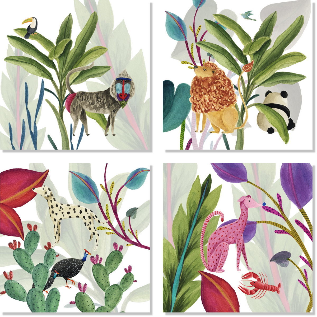 Set aus 4 Servietten aus Baumwollsatin «Funky Animals» 100% Made in Italy - The Napking