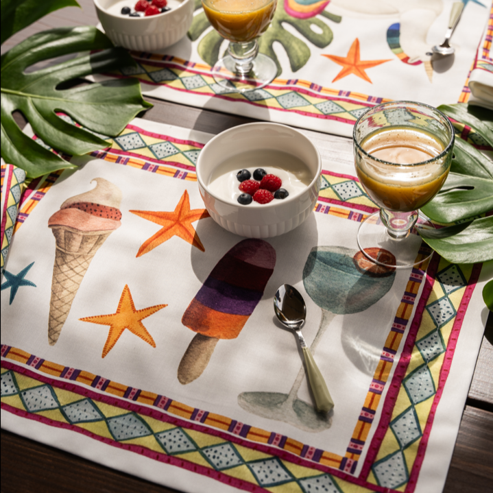 Set of 4 Placemats «Summer Party» Cotton Satin 100% Made in Italy