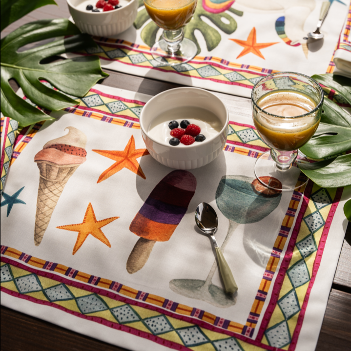 Set of 4 Placemats «Summer party», Cotton Satin 100% Made in Italy