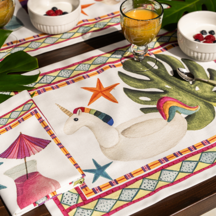 Set of 4 Placemats «Summer Party» Cotton Satin 100% Made in Italy