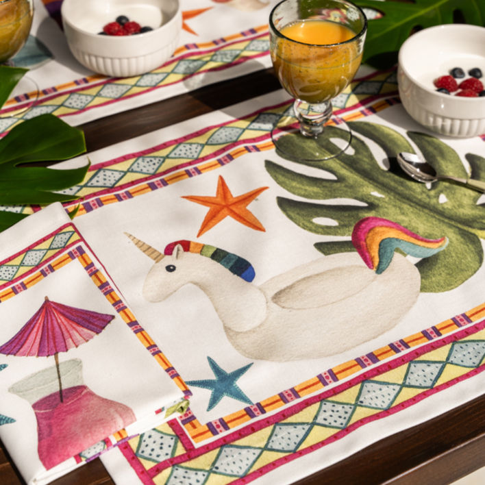 Set of 4 Placemats «Summer party», Cotton Satin 100% Made in Italy