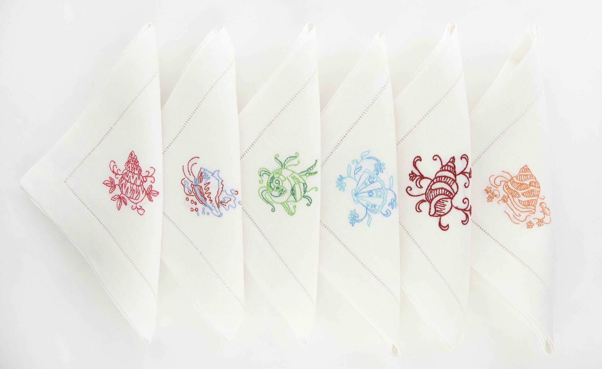 Shells Set of 6 Hand-Embroidered Napkins 100% Linen