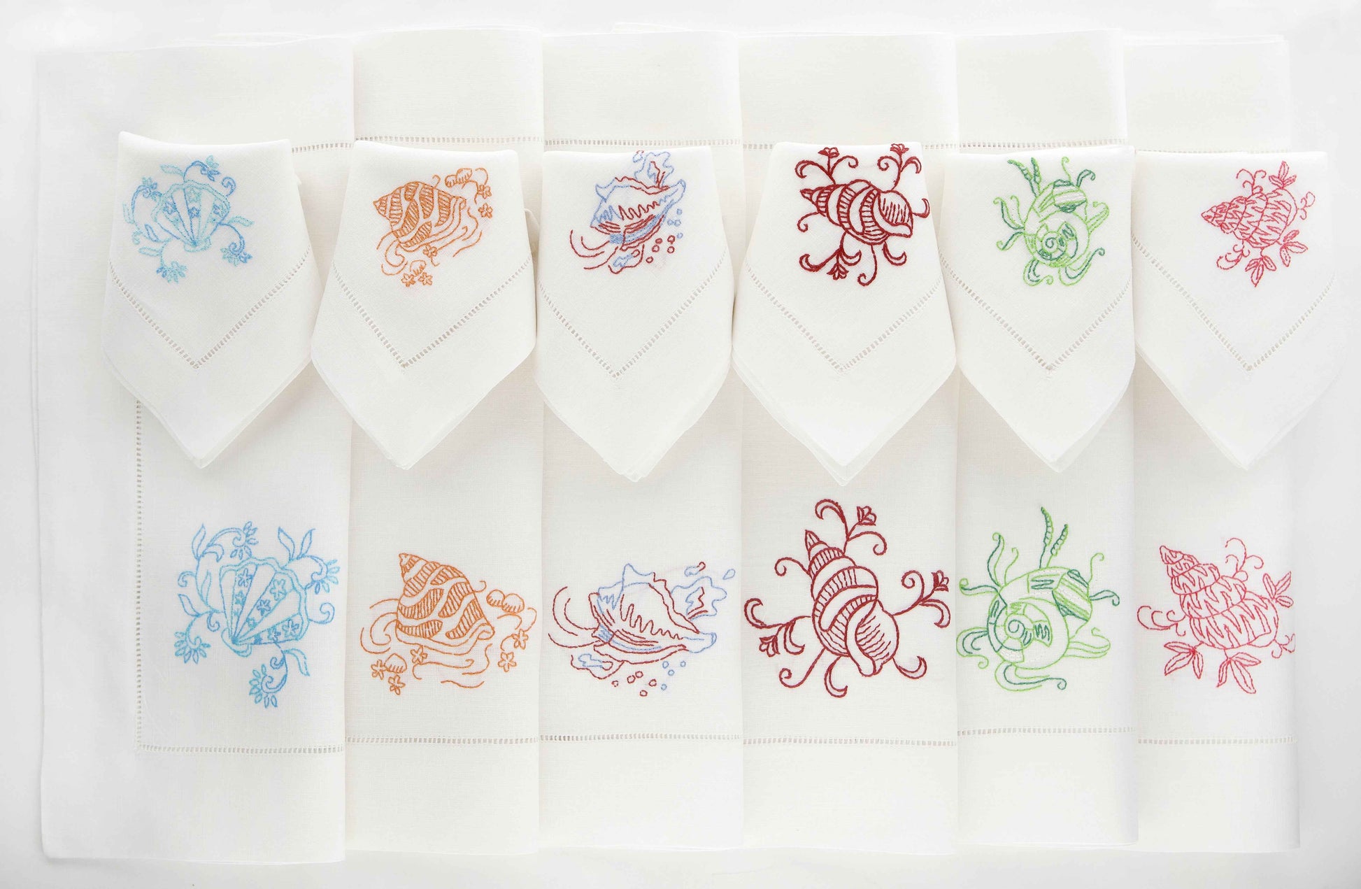 Shells Set of 6 Hand-Embroidered Placemats and 6 Napkins