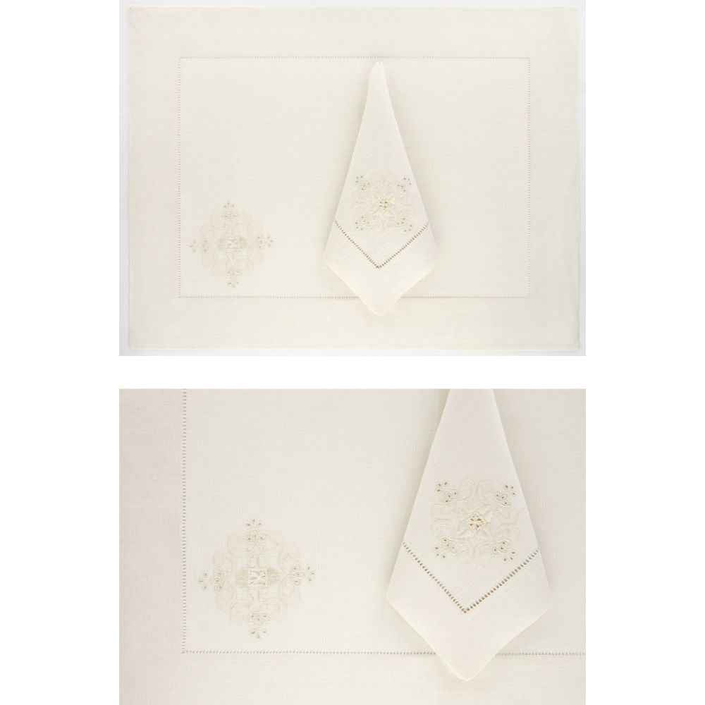 Stevens Set de 2 sets de table et 2 serviettes brodés à la main 100% lin Ecru