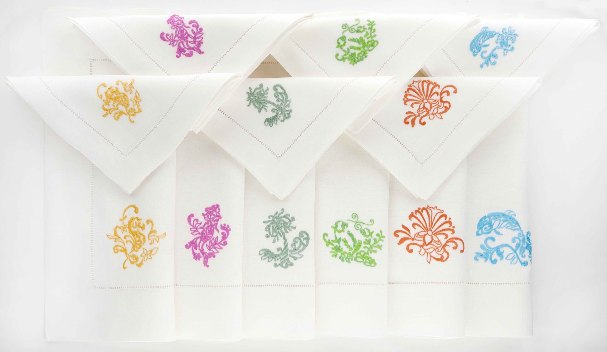 Stylized Set of 6 Hand-Embroidered Placemats and 6 Napkins
