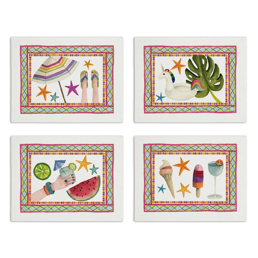 Set of 4 Placemats «Summer party», Cotton Satin 100% Made in Italy
