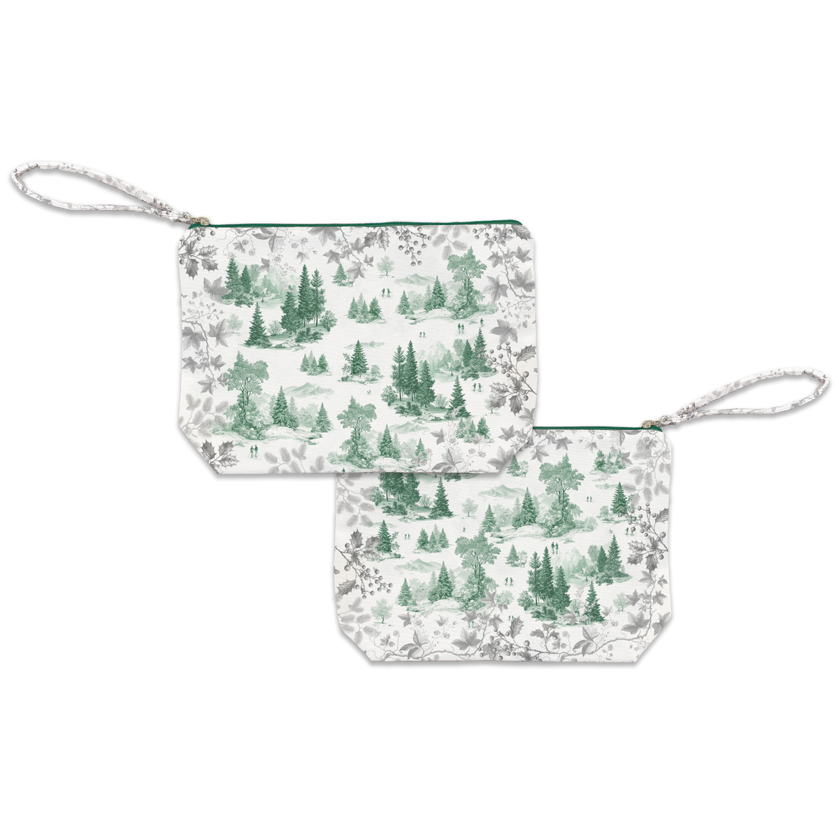 Toile De Jouy velvet pochette with pastoral print, Green