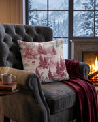 Toile De Jouy decorative velvet cushion with pastoral print, Ruby