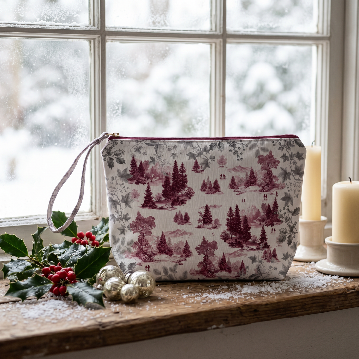 Toile De Jouy velvet pochette with pastoral print, Ruby