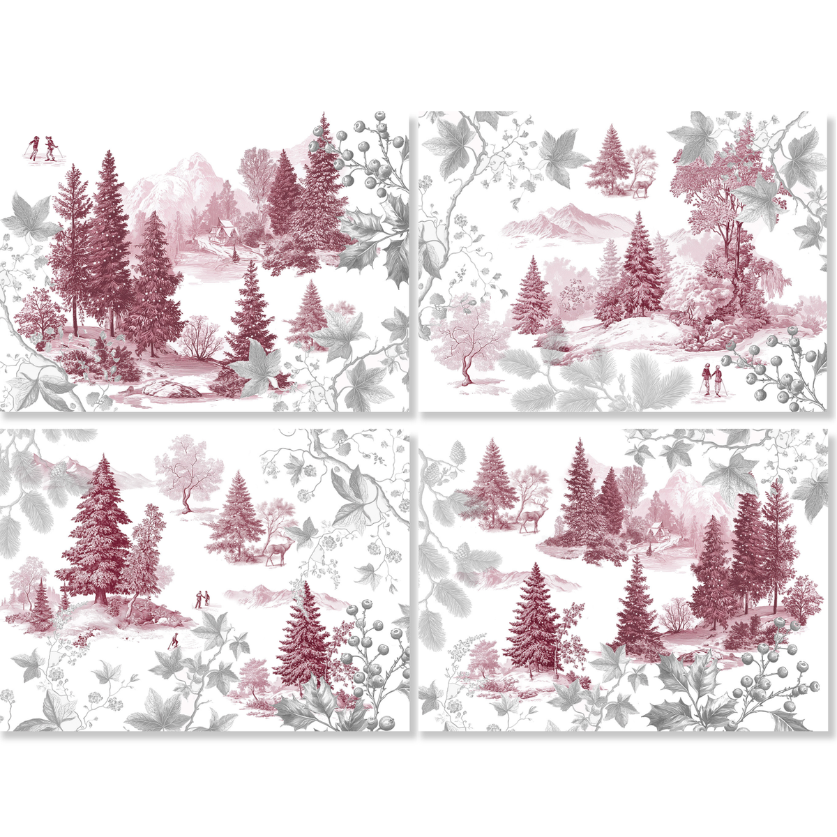 Toile De Jouy set of four Premium Linen placemats with pastoral print, Ruby