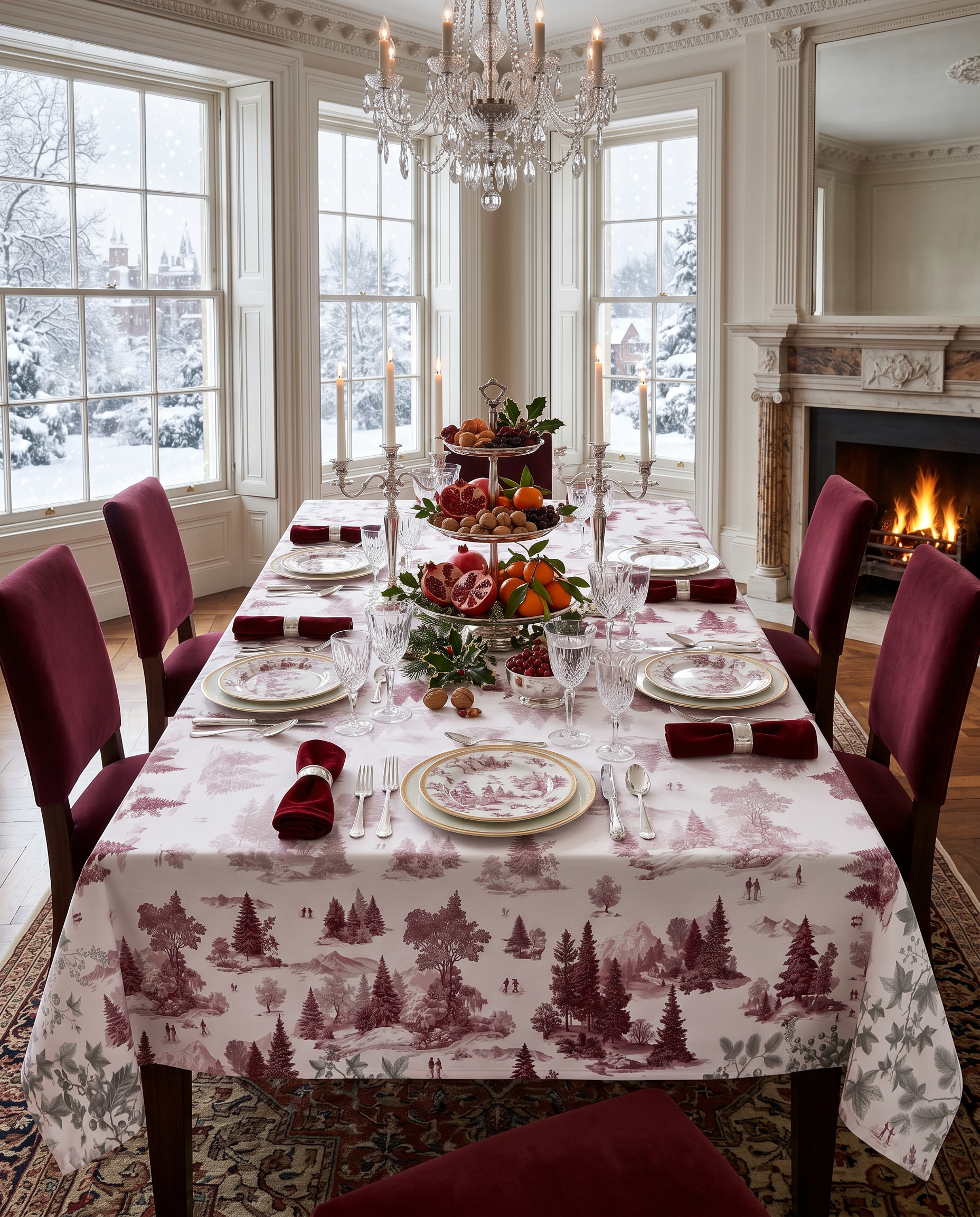 Toile De Jouy Premium Linen Tablecloth, The Napking home textile, 180x360 cm, Ruby