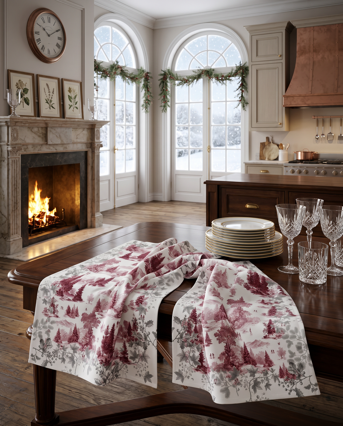 Toile De Jouy lino premium paño de cocina con pastoral print, Paño de cocina Var. 1, azul