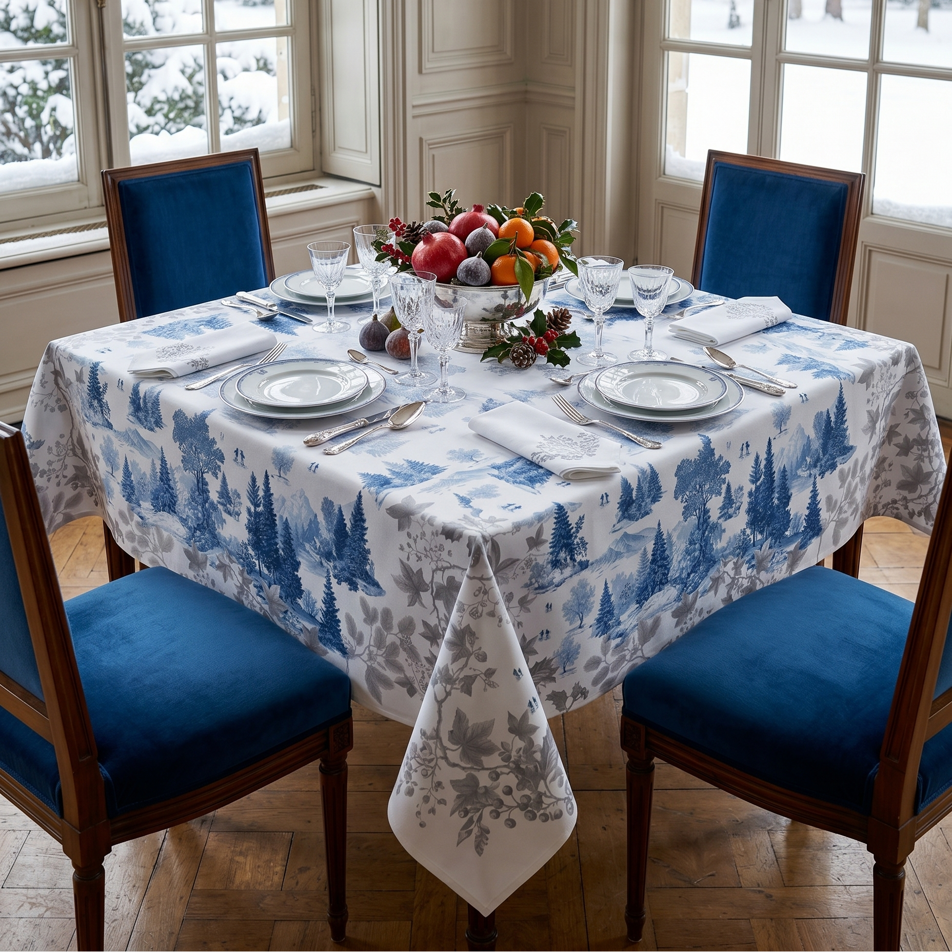 Toile De Jouy Premium Linen Tablecloth, The Napking home textile, 180x270 cm, Blue