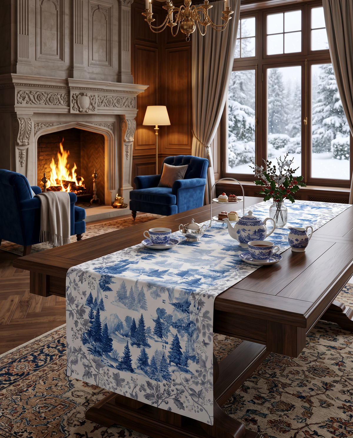Toile De Jouy lin premium table Chemin de table avec pastoral imprimé, 80 × 250, Ruby