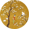 Ukiyo round hardboard and cork placemats with Japanese-inspired print