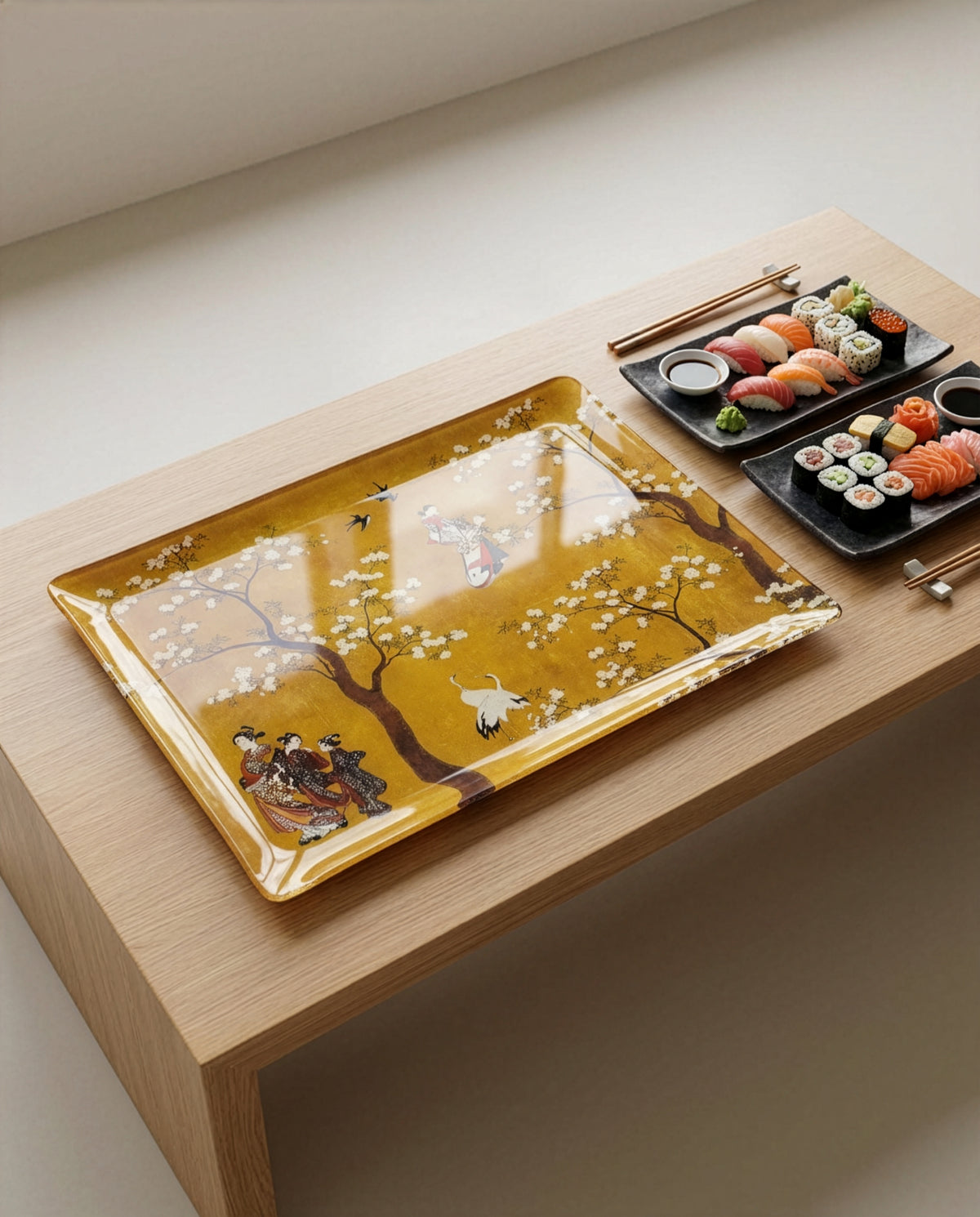 Ukiyo acrylic tray with digitally printed linen, 54 × 43