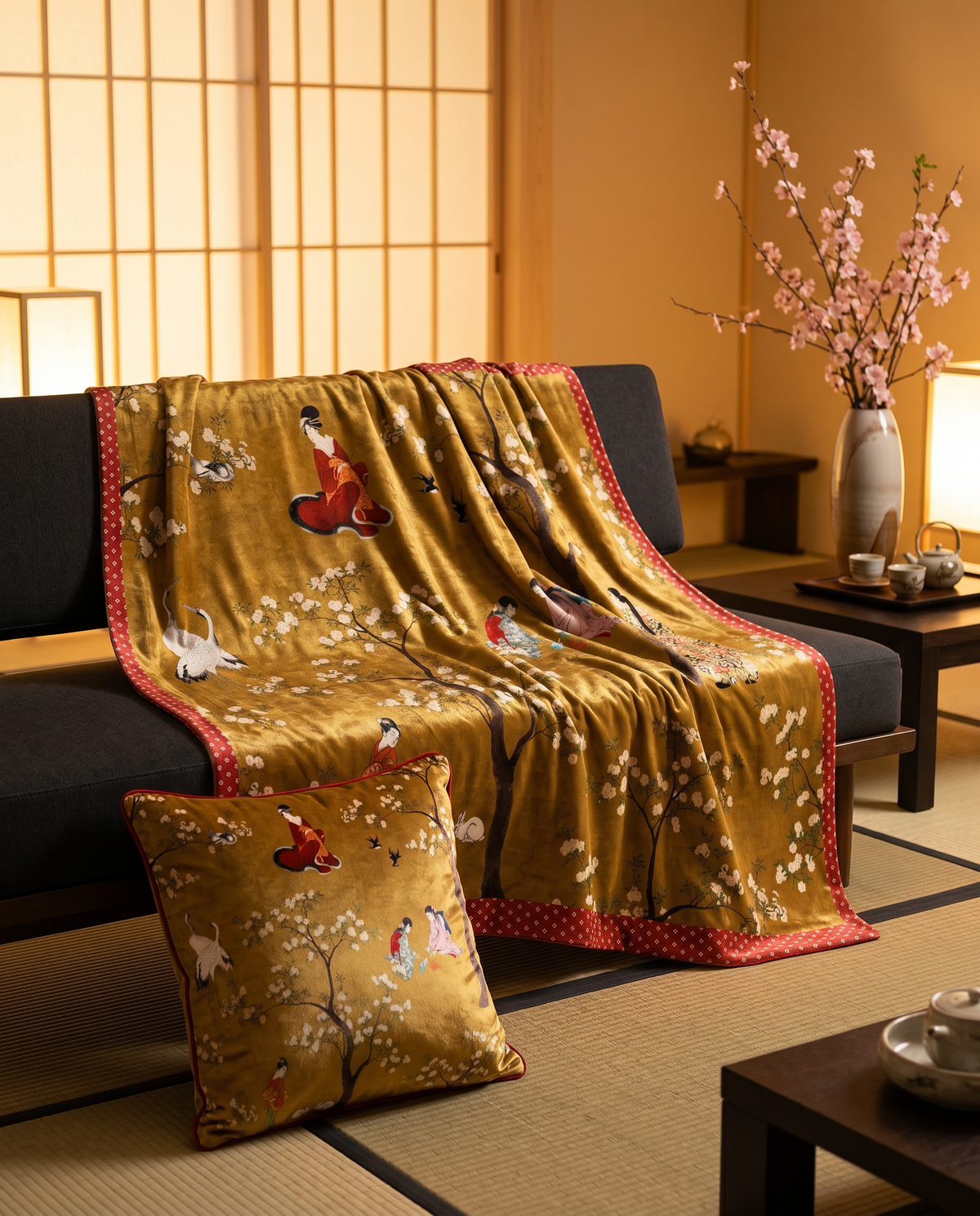 Ukiyo decorative velvet cushion with Japanese-inspired print
