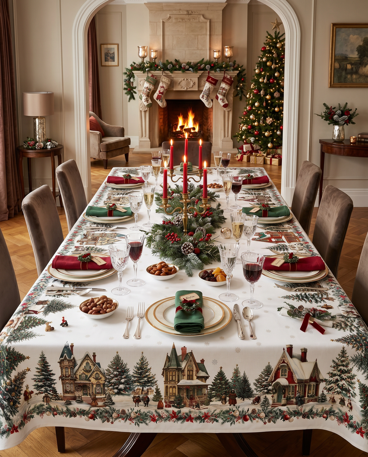 Xmas Village Pure Linen tablecloth with illustrated Christmas village print, 180 × 360 cm
