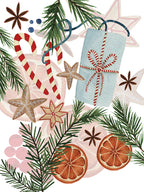 Xmas Tea Pure Linen kitchen towel with cups teapots and Christmas biscuits, Kitchen Towel Var.2