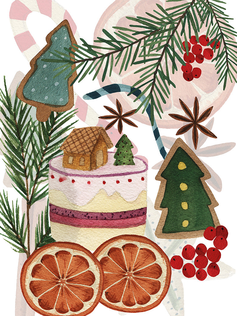 Xmas Tea Pure Linen kitchen towel with cups teapots and Christmas biscuits, view 3