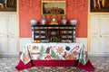 Xmas Tea Cotton Satin tablecloth with cups teapots and Christmas biscuits, 180 × 360CM