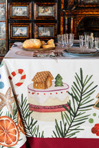 Xmas Tea Cotton Satin tablecloth with cups teapots and Christmas biscuits, 160 × 220