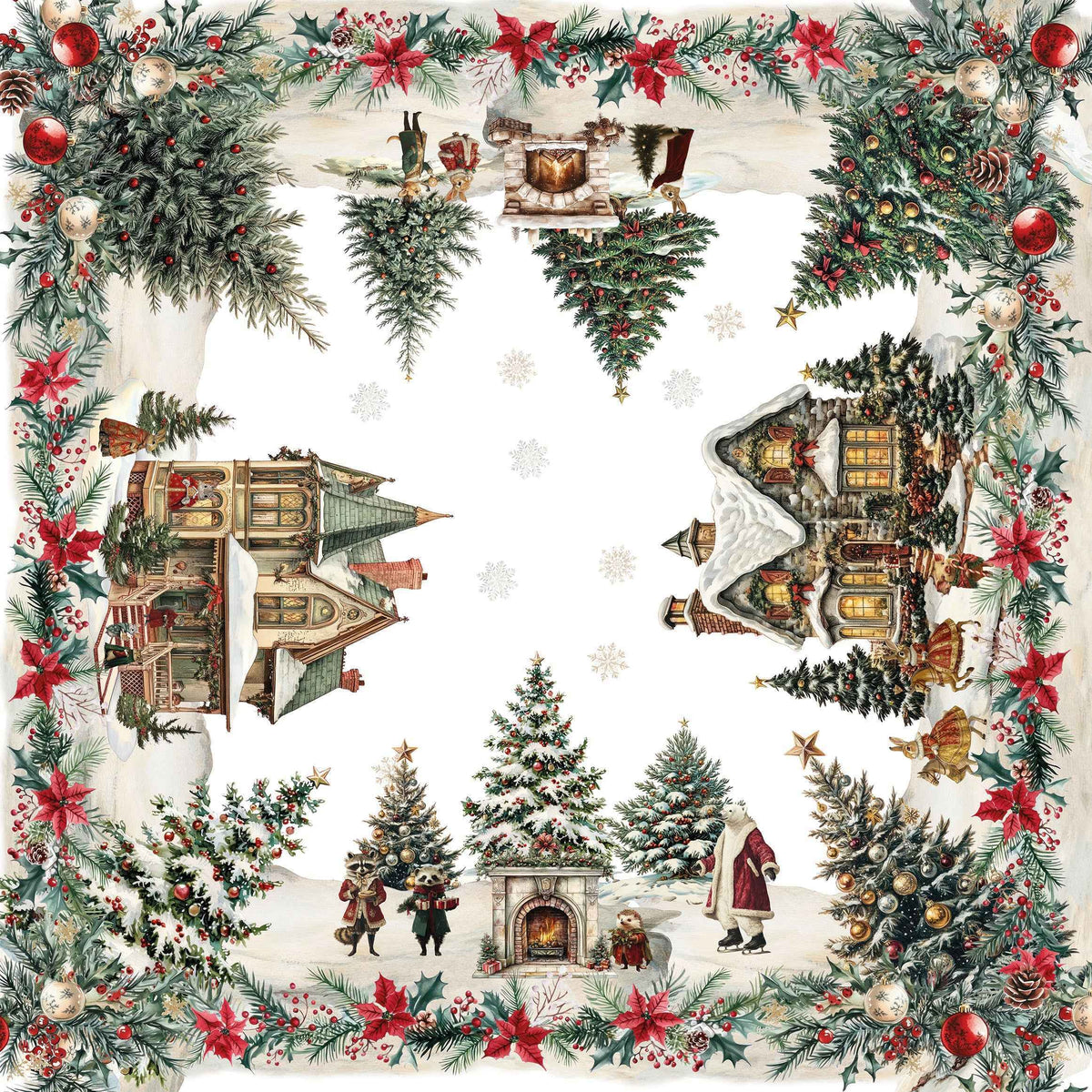Xmas Village Pure Linen tablecloth with illustrated Christmas village print, 180 × 270 cm