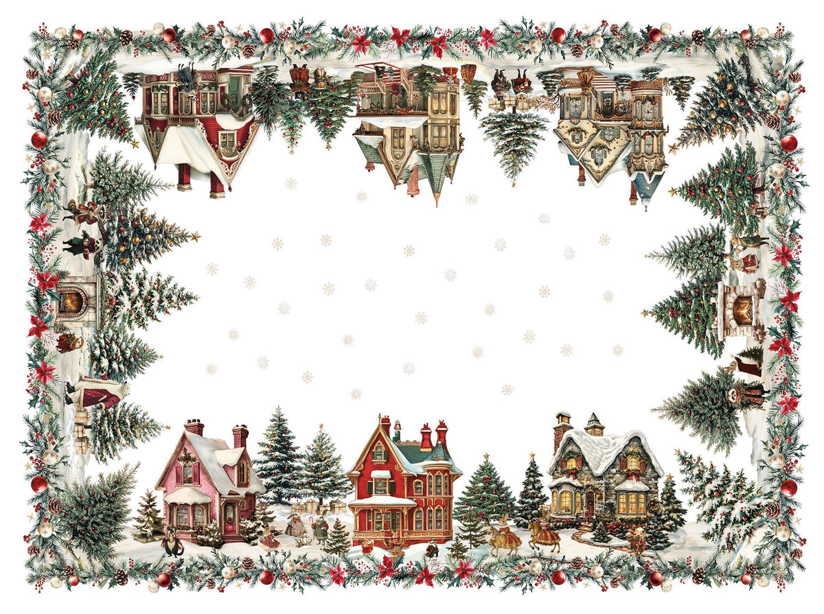 Xmas Village Pure Linen tablecloth with illustrated Christmas village print, 220 × 220 cm