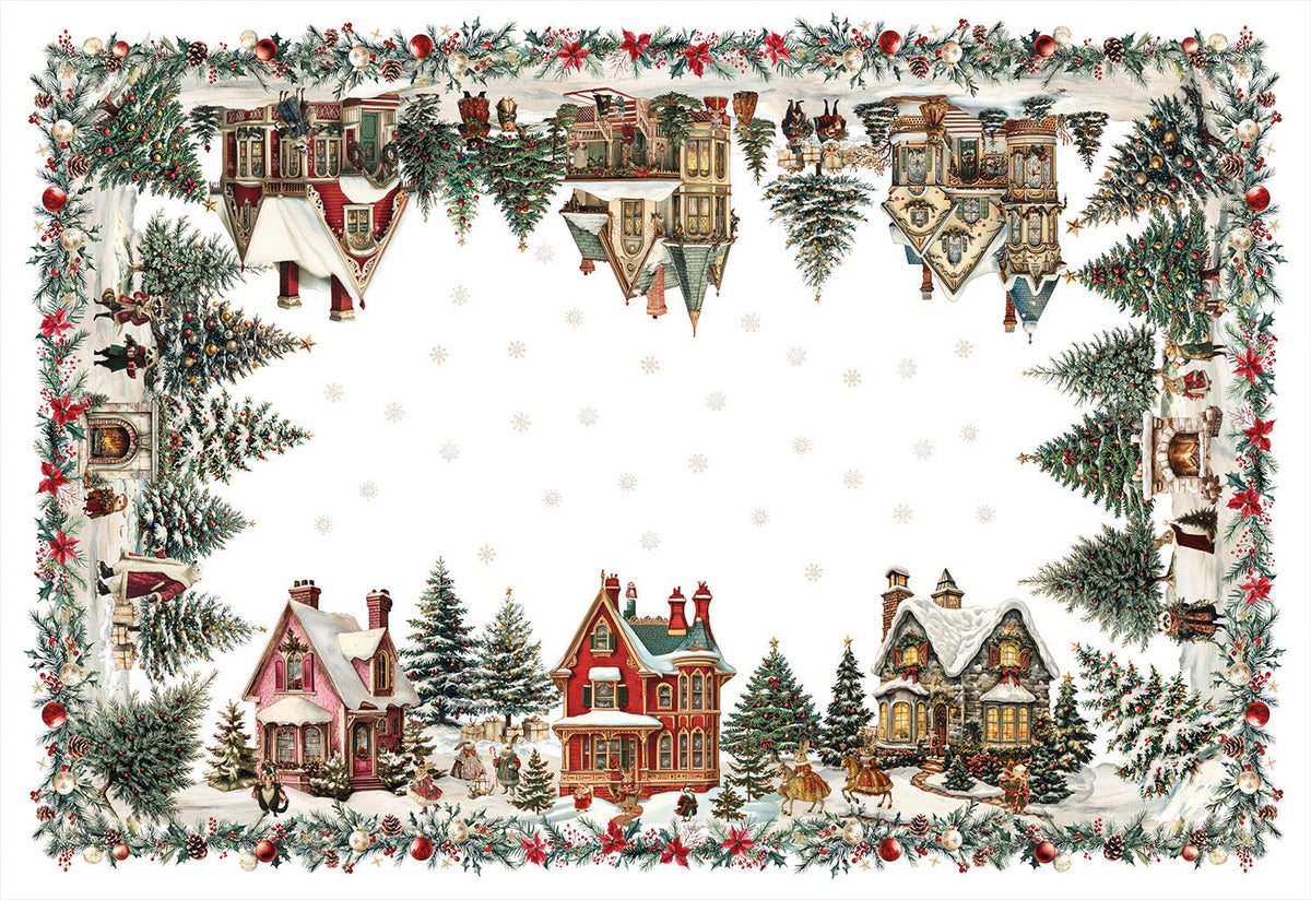 Xmas Village Pure Linen tablecloth with illustrated Christmas village print, 110 × 110 cm