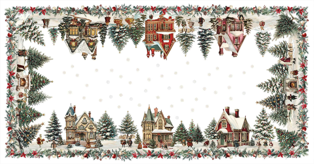 Xmas Village Pure Linen tablecloth with illustrated Christmas village print, 160 × 220 cm