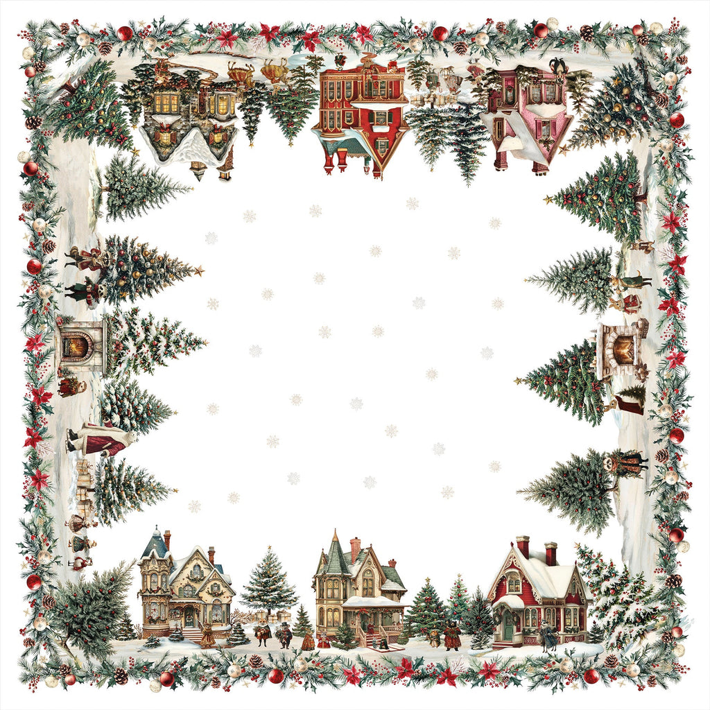 Xmas Village Pure Linen tablecloth with illustrated Christmas village print, view 6