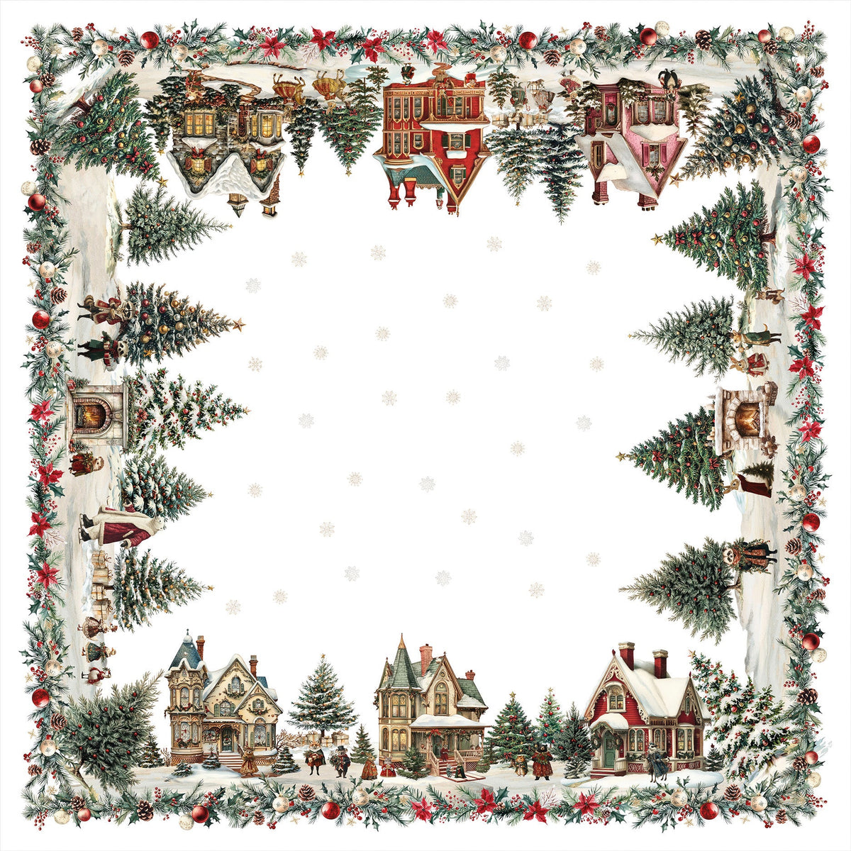 Xmas Village Pure Linen tablecloth with illustrated Christmas village print, view 6
