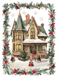 Xmas Village Pure Linen kitchen towel with illustrated Christmas village print, Kitchen Towel Var. 4