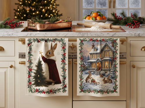 Xmas Village lino puro paño de cocina con ilustrado pueblo navideño print, Paño de cocina Var. 2