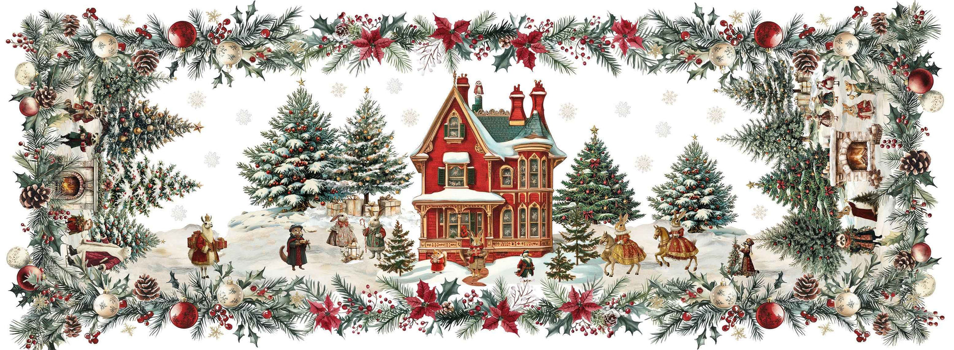 Pure Linen Runner «Xmas Village» 100% Made in Italy - The Napking