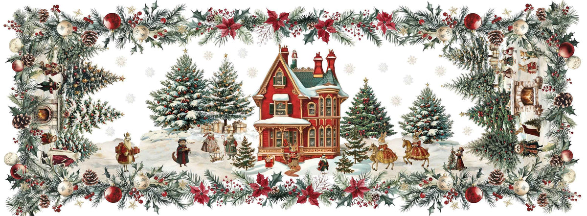 Xmas Village Pure Linen table runner with illustrated Christmas village print, 50 × 150
