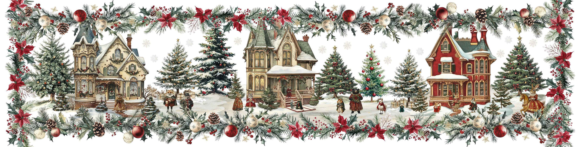 Pure Linen Runner «Xmas Village» 100% Made in Italy - The Napking