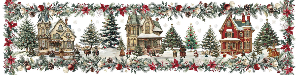 Xmas Village Pure Linen table runner with illustrated Christmas village print, 50 × 220